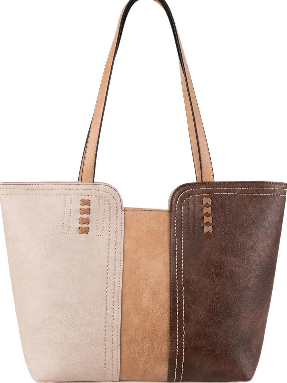 Three-Tone Faux Leather Tote Bag - Beige, Tan & Brown